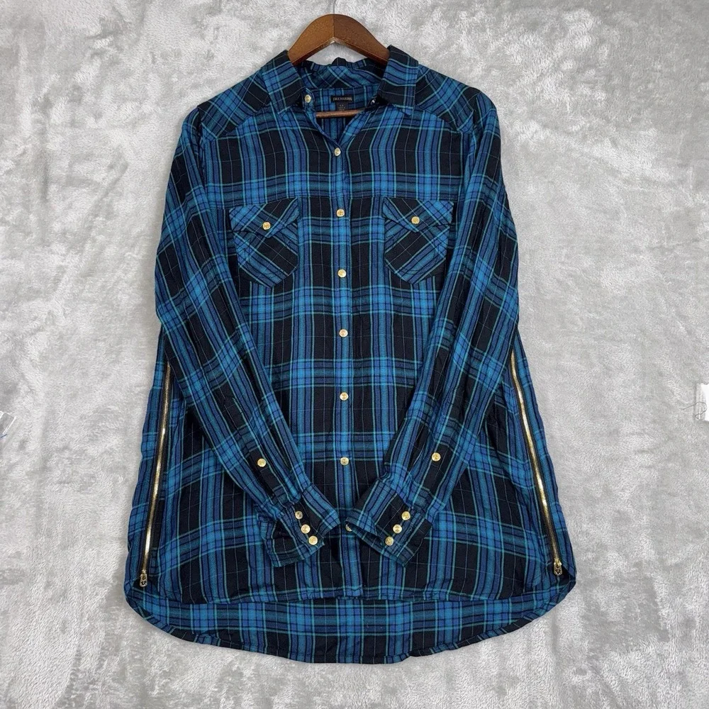 True Religion Plaid Top Logo Black Aqua‎ Blue Tunic Zip Women's Size Large Snaps